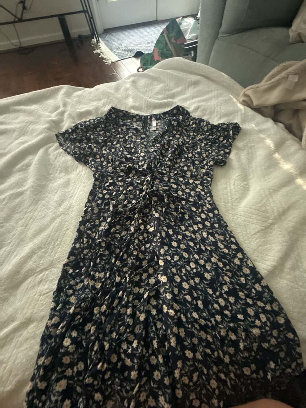 Xhilaration Black Floral Print Short Sleeve Mini Dress with Front Tie and Back Z